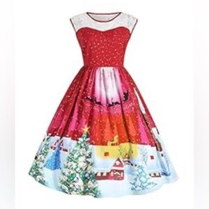 2/$10 Christmas Dress, Sleeveless, Swing Pin Up Dress w/Lace Insert, Red, XL